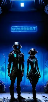 Astronauts under blue glow with 'Stardust' sign in sci-fi setting.