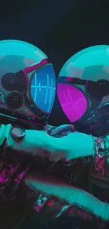 Two astronauts embrace with holographic helmets in a neon-colored setting.