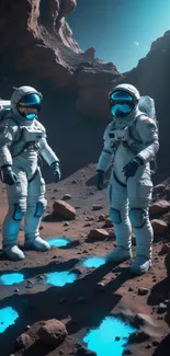 Two astronauts exploring an alien rocky terrain with blue glowing patches.