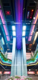 Futuristic atrium with neon lights and greenery in vibrant colors.