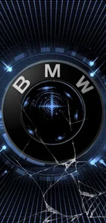 Dynamic futuristic BMW emblem wallpaper with a digital design and cracked effect.