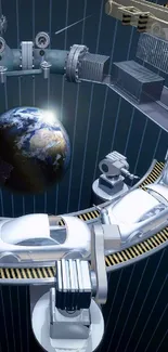 Futuristic automotive technology art with cars circling a globe.