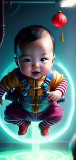 Futuristic baby art wallpaper with neon colors and imaginative design