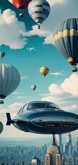 Futuristic balloons flying over city skyline with blue sky.