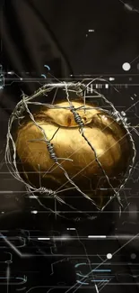 Golden apple wrapped in barbed wire with a digital futuristic background.