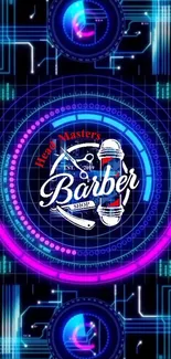 Futuristic barber shop wallpaper with neon design.