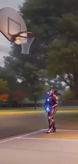 Futuristic robot on basketball court under twilight.