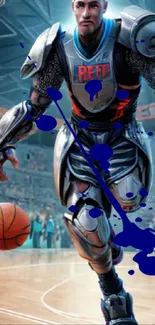 Futuristic player on a basketball court with a sci-fi design.