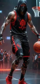 Futuristic basketball player on court, cybernetic design.