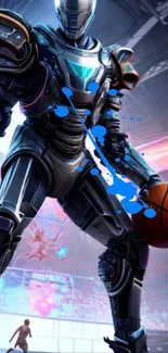 Futuristic robot playing basketball in an arena, vibrant and dynamic scene.