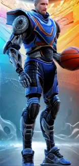 Futuristic armored basketball player in a vibrant digital scene.