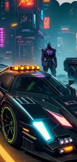 Futuristic Batman neon cityscape with Batmobile.