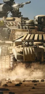 Futuristic battle machine in a dusty desert landscape.