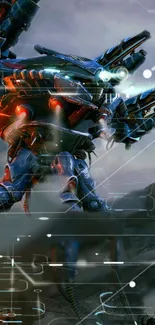 Futuristic battle mech with vibrant lights in sci-fi themed wallpaper.