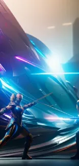 Futuristic warriors clashing in a neon-lit digital battle scene.