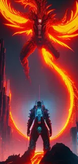 Futuristic hero faces a fiery neon dragon in a cyberpunk cityscape.