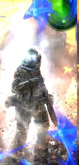 Lone soldier in vibrant, futuristic battleground wallpaper.