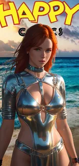 Futuristic anime character on a sunset beach with ocean waves in the background.