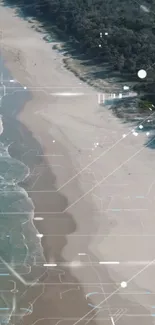 Aerial beach view with digital overlay and green forest.