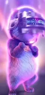 Futuristic bear with helmet in vibrant purple glow.