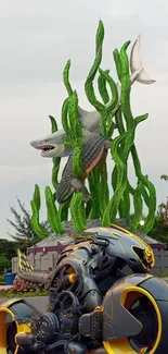 Futuristic bike and shark sculpture in vibrant city scene.