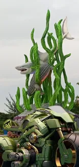 Futuristic green motorcycle with shark sculpture background.