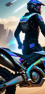 Futuristic biker on a neon motorcycle in a sci-fi landscape.