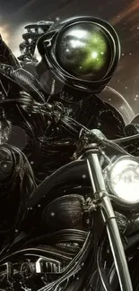 Futuristic astronaut riding a motorcycle in space.