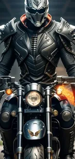 Futuristic armored biker on motorcycle with glowing effects in sci-fi style.