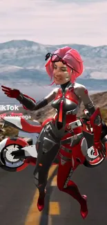 Futuristic biker girl with pink hair and motorcycle on a scenic road.