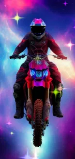 Futuristic biker rides through vibrant nebula backdrop.