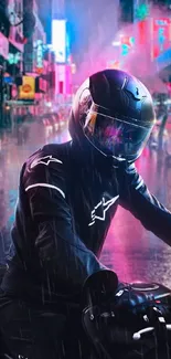 Futuristic biker rides through neon-lit city streets at night.