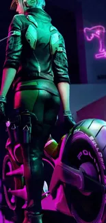 Futuristic biker in neon colors with bold magenta hues and a high-tech vibe.