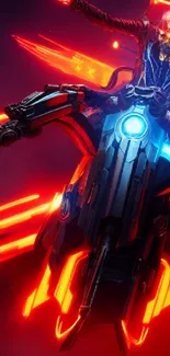 Futuristic biker rides through neon red flames in this cyberpunk-themed wallpaper.