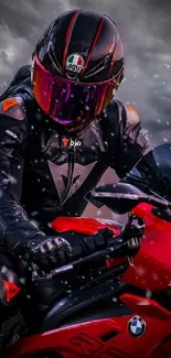 Futuristic biker on red motorcycle with stormy sky.