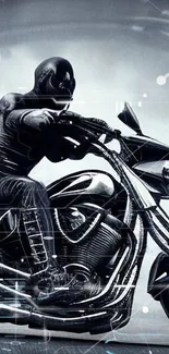 Futuristic biker on motorcycle, dark theme wallpaper