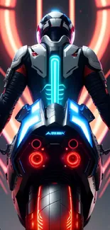 Futuristic biker with neon background in sci-fi style.