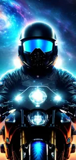 Futuristic biker driving through space with cosmic lights and vibrant galaxy backdrop.