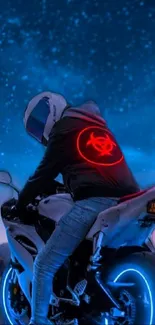 Futuristic biker under a starry night sky with glowing LEDs.