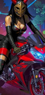 Anime-inspired biker on red motorcycle with mask.