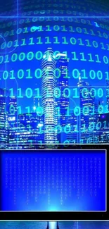 Futuristic wallpaper with cityscape and binary code in blue hues.