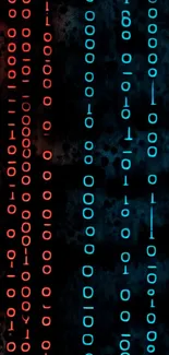 Binary code wallpaper with red and blue patterns.