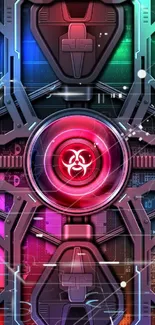 Futuristic biohazard tech-themed wallpaper with vibrant colors.