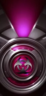 Futuristic biohazard emblem with magenta and metallic design.