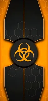 Futuristic black and orange wallpaper with biohazard symbol.