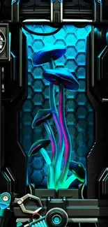 Futuristic wallpaper with glowing mushrooms in a tech-inspired setting.