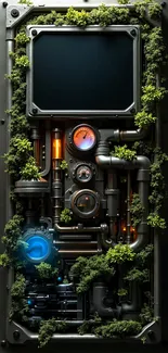 Biomechanical art wallpaper with digital gears and greenery