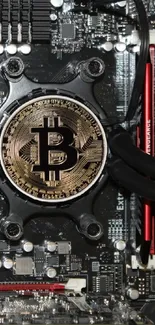 Bitcoin symbol on a circuit board with red and black design.