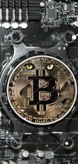 Futuristic Bitcoin circuit board wallpaper with high-tech design.