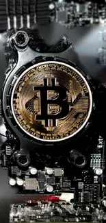 Futuristic Bitcoin circuit design wallpaper with intricate black and gold elements.